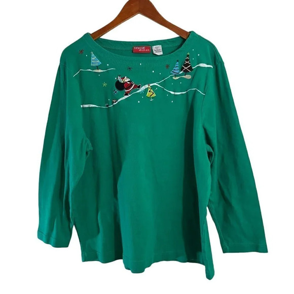 Onque Woman Christmas Top 2X Green Santa Tree Appliqué Colorful Embellished - Picture 1 of 6